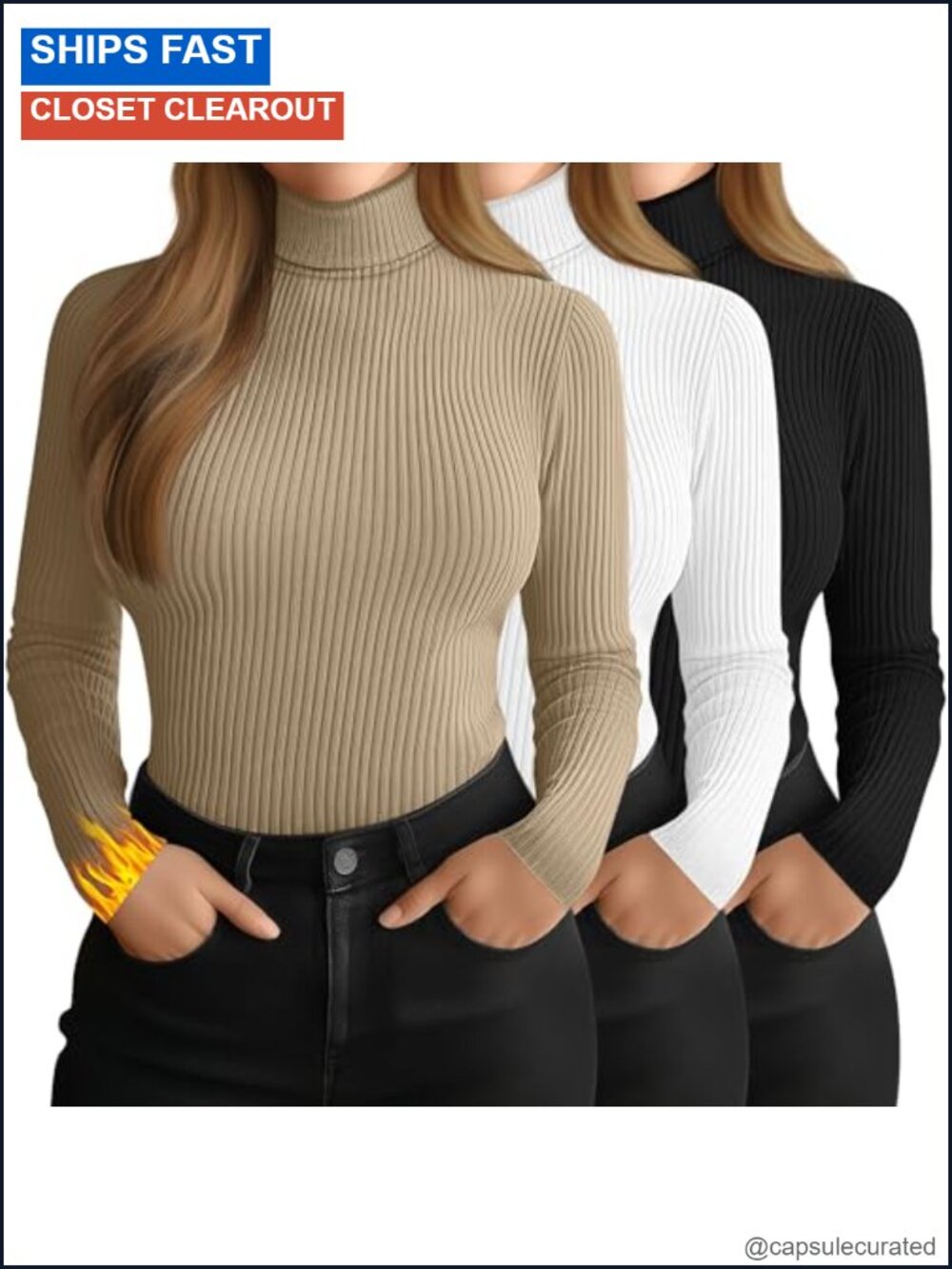 Plus Size Turtleneck Thermal Tops Ribbed 3 Pack Long Sleeve